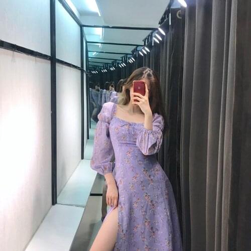 French Vintage Purple Floral Print Slit Sexy women Dresses Puff Short Sleeve women midi Dress Fashion Holiday vestidos