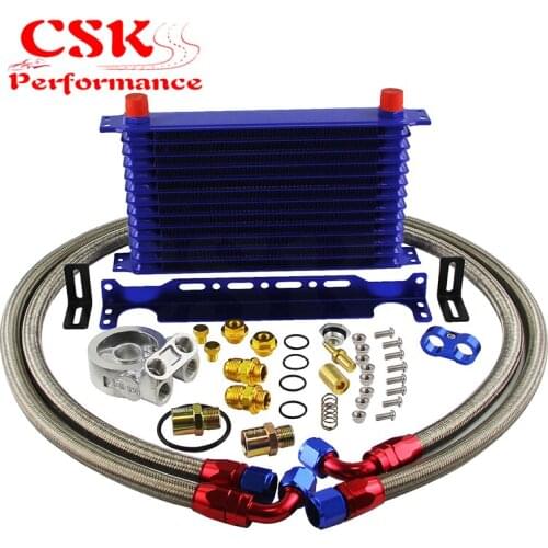 13 Row Engine Trust Oil Cooler w/ Thermostat 80 Deg / 170 F Oil Filter Adapter Kit Blue/ Black/ Gold