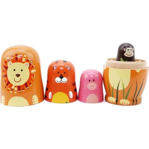 5 Pcs/Set Children Cute Fun Wooden Doll Cartoon Animal Paint Nesting Dolls Russian Matryoshka Doll Gift For Baby