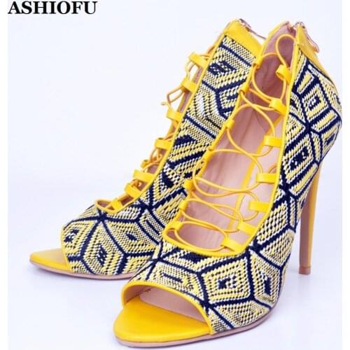 ASHIOFU Handmade Classic Ladies High Heel Pumps Cross-straps Sexy Shiny Party Dress Shoes Peep-toe Evening Fashion Court Shoes