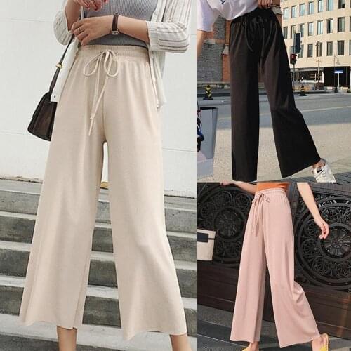 Summer Women Solid Color Pants High Waist Drawstring Wide Leg Trousers Loose Straight Pants Classic Soft Long Female Bottoms
