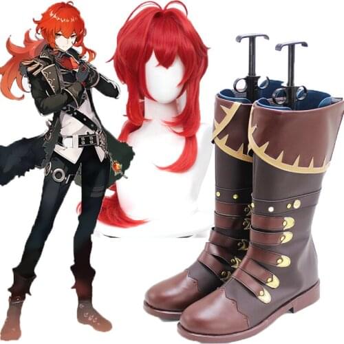 Game Genshin Impact Diluc Ragnvindr Cosplay red wig Props Black Adult Boots Anime Leather Shoes Customizable Project Accessories