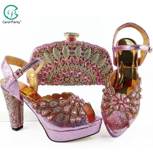 Hot Sellling 2021 Italian Design New Arrival Nigerian Fashion Crystal Style Women Shoes and Bag in Pink Color for Party Wedding