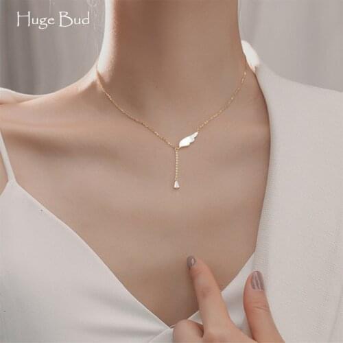 Huge Bud Fashion Choker Necklace Real Gold Plated Simple Shell Wing Pendant Women Clavicle Collares Jewelry Tassel Collier Gift