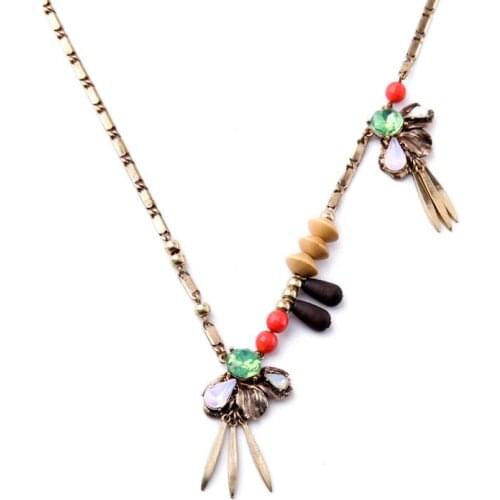 Top Statement Fashion Women Daily Accessory Asymmetric Crystal Spike Wood Beads Classic Ethnic Necklace