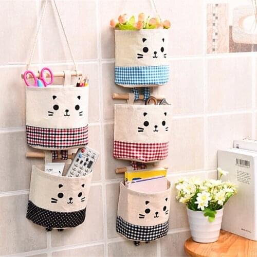 Cartoon Hanging Storage Bag Cotton Linen Wardrobe Hang Bag Wall Pouch Cosmetic Toy Organizer Household Multifunction Storage Box