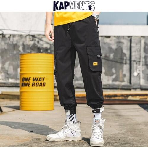 KAPMENTS Men Patchwork Streetwear Skinny Cargo Pants 2021 Spring Mens Japanese Drawstring Sweatpants Joggers Male Black Trousers