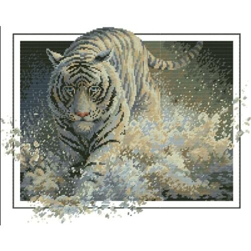 Cotton Needlework Embroidery Set Unprinted white Canvas Counted cross stitch Kits 14ct tiger Leaping In Water Mural Painting