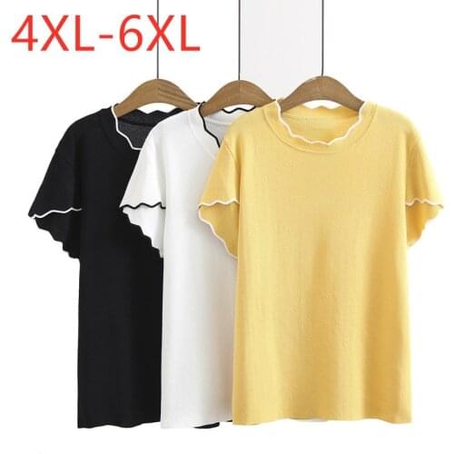 New 2021 Ladies Summer Plus Size Knit Tops For Women Large Short Sleeve Slim Elastic White Yellow O-neck T-shirt 4XL 5XL 6XL