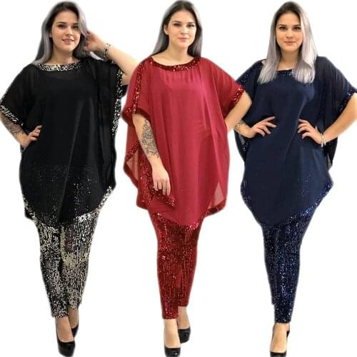 New 2021 Fashion Women Africa Clothing 3PCS Chiffon Sequins Outfits Inner Top Blouse Pants African Suits Short Sleeve Loose Sets