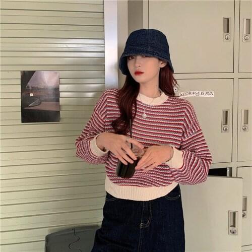 Autumn And Winter New Sweater Korean Womens Striped Loose Round Neck Long Sleeve Pullover Casual Jersey Mujer Em