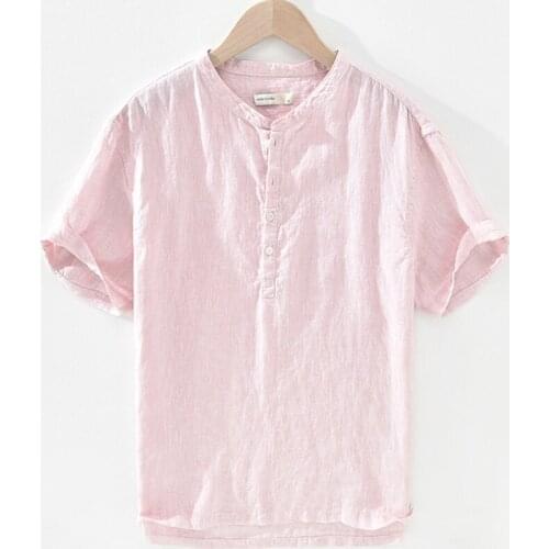 Short Sleeve Shirt for Men Summer New Pure Linen Casual Pullover Tops Male Breathable Vintage Stand Collar Button Up Shirt