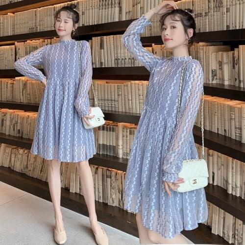 8100# Maternity Dress Spring Autumn Chiffon Hollow Long Sleeves Loose Stylish Dress for Pregnant Women Pregnancy Dress