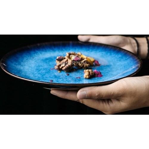 Light Luxury Creative Ceramic Western Style Blue Rounded Flat Tray Steak Main Course Plate Tableware Simple Home Plate