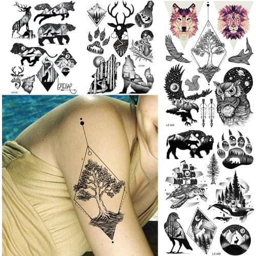 Black Eagle Owls Design Water Transfer Tree Wolf Arm Tattoos Stickers Body Temporary Tattoos Paper Moose Makeup Tatoo Women Men