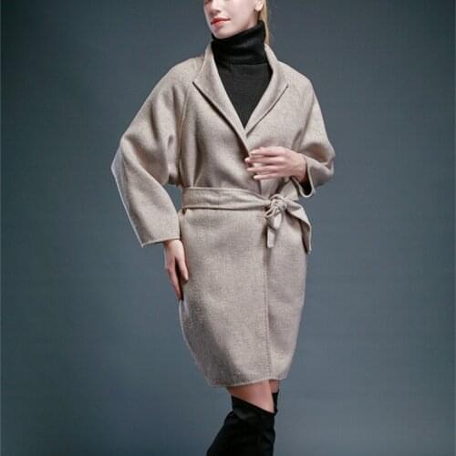 High grade double-sided woolen fabric womens fashion cocoon type overcoat md-long no lining beige brown 2colors S/M/L
