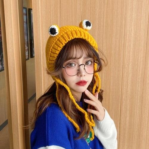 Women Winter Chunky Cable Knitted Earflap Hat Cute Cartoon Animal Frog Eyes Solid Color Outdoor Windproof Skullies Beanie Cap Ea