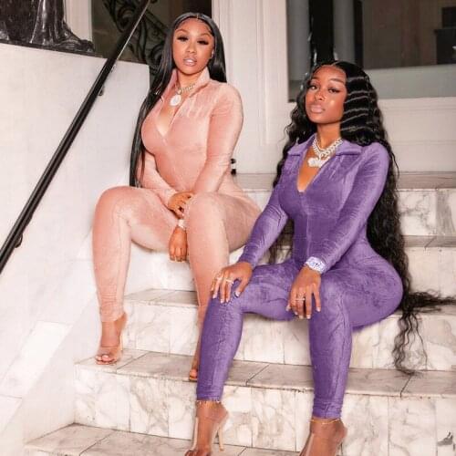 Long Sleeve Jumpsuits Women 2021 Autumn Winter Clothing Fleece Sexy V-neck Rompers Overalls Ladies Fashion Casual 1 Piece Outfit