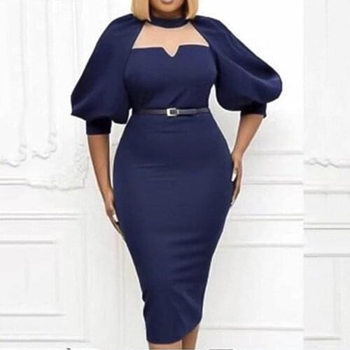 Elegant Office Dress for Women Clothing 2021 Summer Lantern Sleeve Bodycon High Waisted Mid Calf Luxury Business Work Dress Midi