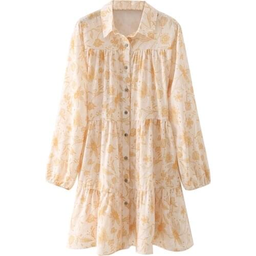 YENKYE Summer Women Vintage Floral Print Shirt Dress Female Long Sleeve Lapel Collar Loose Casual Dress Plus Size Short Vestido