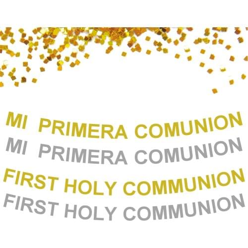 1 set Glitter Gold Silver Letter Banner Mi Primera Comunion First Holy Communion For Boy and Girls Holy Communion Party Decor