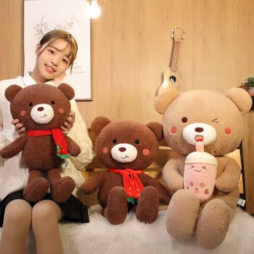 1pc 60cm Kawaii Teddy Bear with Scarf Plush Toys Lovely Bears Holding Bubble Tea Cup Dolls Stuffed for Baby Kids Birthday Gifts