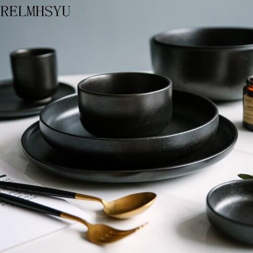 1PC RELMHSYU Japanese Style Ceramic Black Baking Pan Plate Dish Oven Rice Cheese Bowl Tableware Set