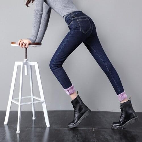 2021 Winter Female Thick Plus Velvet Fleece Warm Women Skinny Jeans trousers High waist Stretch Denim Pencil Pants Plus size