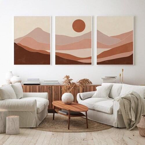 Abstract Mid Century Sunset Mountain Lake Landscape Poster Modern Canvas Painting Print Wall Art Picture for Living Room Decor