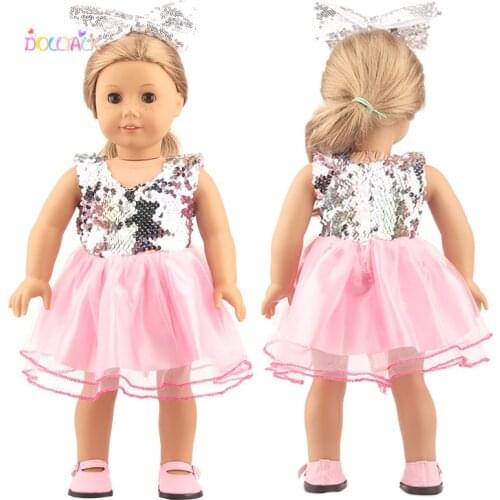 Toy accessories A silver sequined skirt with a pink lace skirt and silver bow headdress is suit for18 inch American doll clothes