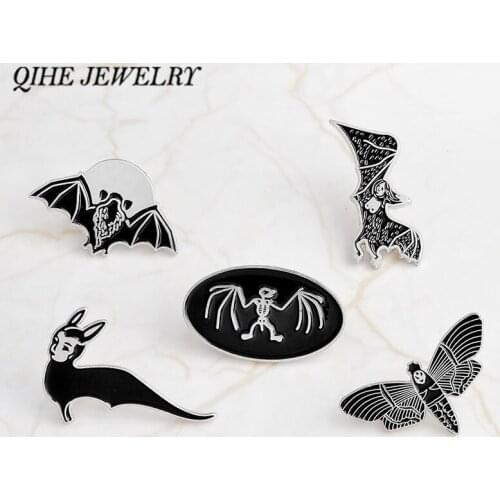 QIHE JEWELRY Gothic style Black Bat Skeleton Enamel pins Badges Lapel pin Jackets Backpack Hats Accessories Punk pins collection