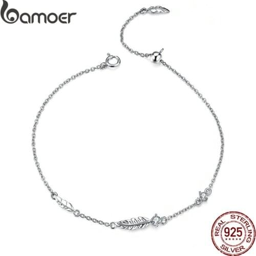 BAMOER Boho Feather Chain Bracelet Sterling Silver 925 Link Bohemia Style Zironia Jewelry Summer Girl Gifts SCB133