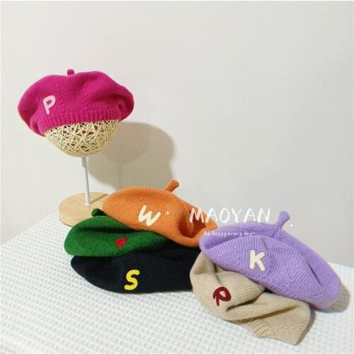 2021 new fashion children candy color pumpkin hat boys and girls baby letter leather standard personality foreign style beret
