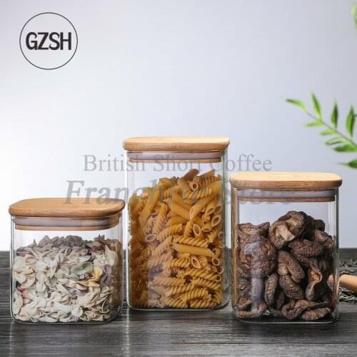 Square Wood Lid Transparent Glass Airtight Canister Kitchen Storage Bottles Jars Food Grains Tea Coffee Grains Candy Containers