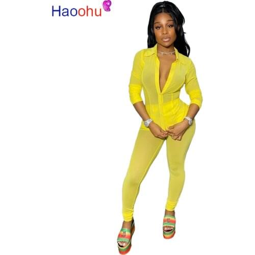 HAOOHU Sexy Party Mesh See Though Women Set Two Piece Set Tracksuit Blouse Jogger Sweatpants Suit Fitness Outfit Matching Set