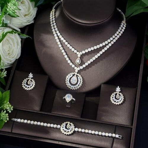 HIBRIDE Hat Sale African Beads 2 Tones Jewelry Set Water Drop Shape Cubic Zirconia Bridal jewelry Set Ensemble Bijoux N-1068