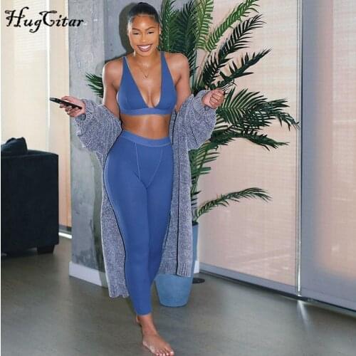 Hugcitar 2020 Sleeveless V-Neck Crop Tops Leggings 2 Pieces Set Winter Women Fashion Streetwear Outfits Sportswear Tracksuit