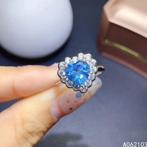 KJJEAXCMY fine jewelry 925 sterling silver inlaid natural Blue Topaz Womens exquisite lovely OL style heart adjustable gem ring
