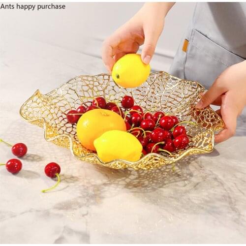 Electroplating Alloy Coral Plate Metal Hollow Fruit Plate Desktop Storage Tray Snack Tray Fruit Bowl Decorative Plates Dishes