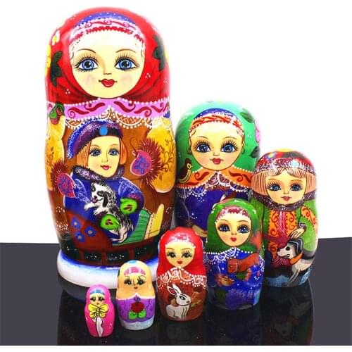 Mnotht 7 Layer Wooden Russian Dolls Handmade Paint Animal Pattern Tasteless Dry Basswood Matryoshka Doll Education Toys L30