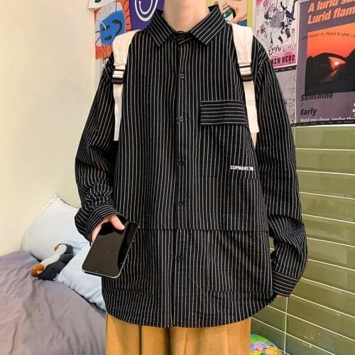 Mens Oversize Striped Shirt 2021 Fashion Korean Streetwear Woman Loose Long Sleeve Shirt Tops Male Clothing Harajuku