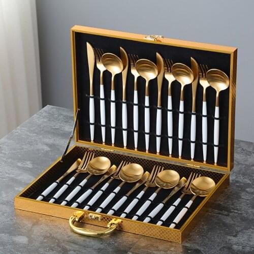 24pcs Gold-plated Dinnerware Set Portuguese Western Stainless Steel Knife Fork Spoon Luxury Cutlery Set Gift Box Home Kitchen