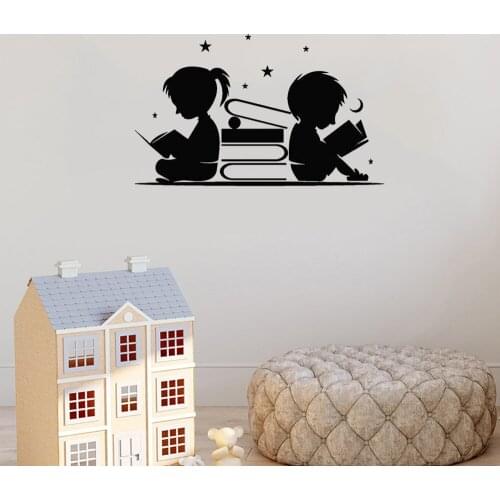 Reading Books Stars Moon Wall Stickers Boy And Girl Wall Decal For Classroom LibraryChild Room Vinyl Mural dw20145