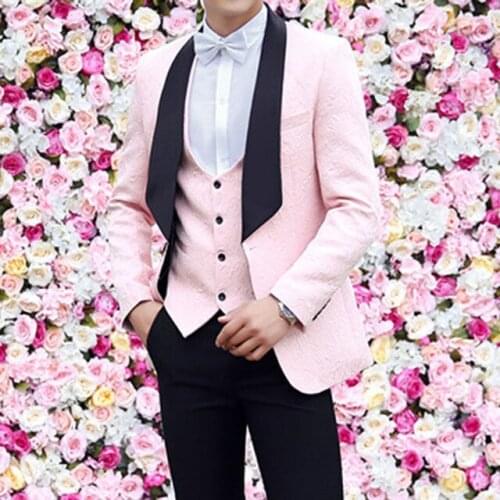 2019 New Spring Fashion Pattern With Black Lapel Men Suits Custom Made Wedding Groom Tuxedos 3Pieces(Jacket+Pants+Vest+Tie)