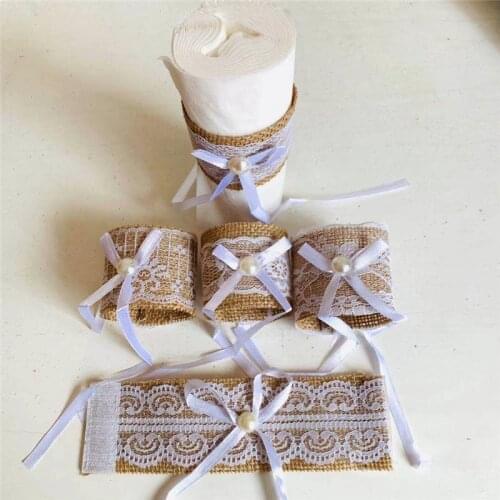 New Burlap Napkin Ring Lace Buckles 5Pcs/Lot Wedding Event Decoration Crafts Rhinestone Bows Holder Handmade Home Party Supplies