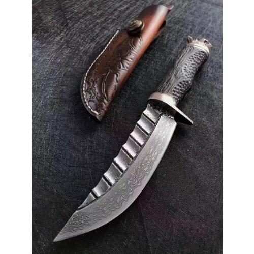 Damascus steel 128 layers steel Wolf head handleStraight Knife Hunting Knife Outdoor Camping Self-defense Tools