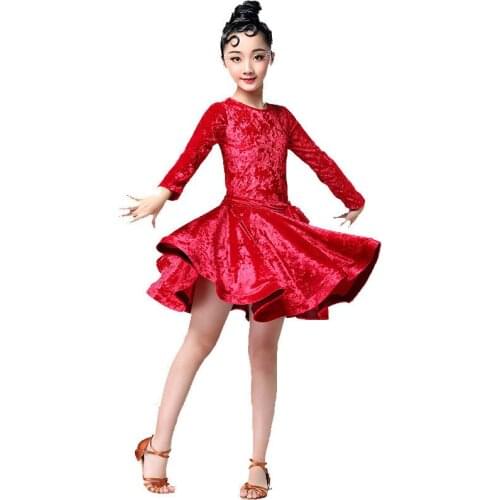 Child Latin Dance Dress Velvet Ballroom Competition Party Stage Performance Practice Costume Kids Dresses for Girls Long Sleeve