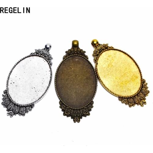 REGELIN 5pcs Antique Bronze Flower Pendant Charms Base Settings Cabochon Cameo Tray Bezel Blank Fit 30x40mm Cabochon DIY Jewelry