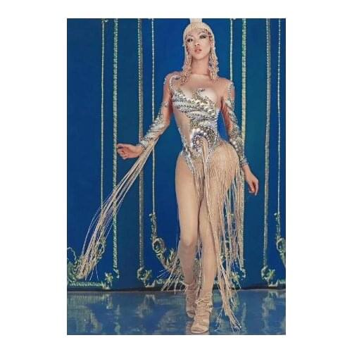 Sexy Women Gold Fringes Costume Leotard female singer DJ Nightclub show Tassel Bodysuit Stage Performance Outfit