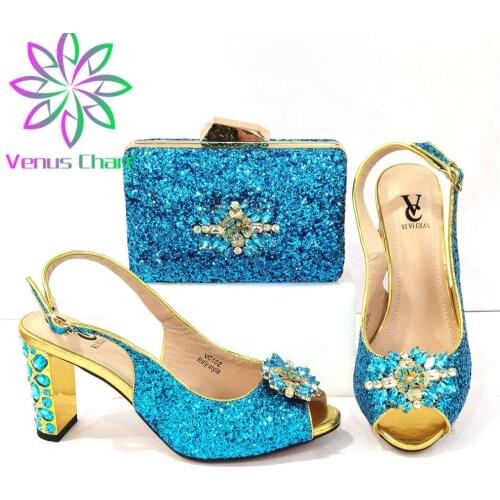 Special Blue Color African Metal and Platform Style Party Wedding High Heels 2021 Italian Design Women Shoes and BagS Set